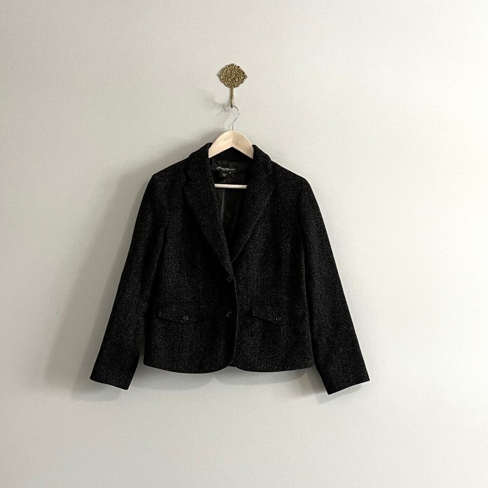 Eddie Bauer Wool Tweed Blazer Jacket Brown 10 Petite Classic 2-Button Lined